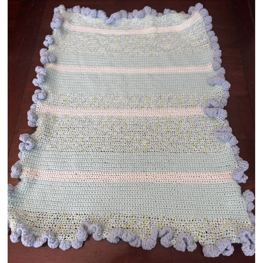 Handmade Crochet Baby Blanket With Ruffle Soft Blue, White & Green 34" x 26"